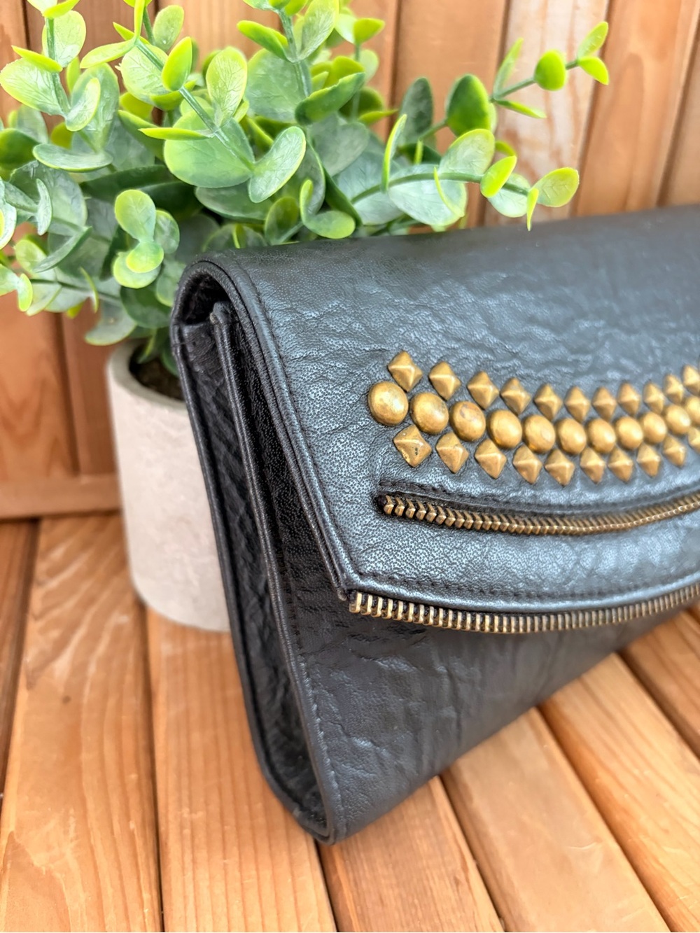 JJ Winters, Y2K Black Studded Leather Clutch, Gold Studs, Boho - Picture 2 of 10